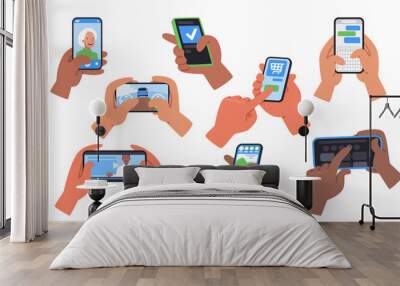 Set of hands holding phone. People using smartphones, watching videos, playing mobile games, chatting and more. Vector illustration Wall mural