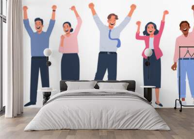 Set of happy business people celebrating victory or success. The concept of joy. Men and women are excited Wall mural