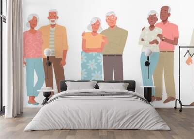 Set of happy elderly couples. Seniors, mature man and woman, spouses of different races together Wall mural