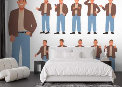 Set of happy man character in casual clothes in various poses on a white background. Male thinks, uses his phone and laptop, and speaks. Vector illustration in flat style Wall mural