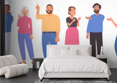 Set of male and female characters pointing their finger somewhere or showing something Wall mural