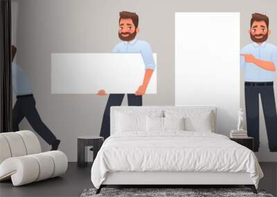 Set of male character interacting with white banner or poster. Empty space for text Wall mural