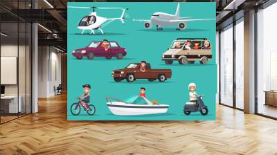 Set of people and vehicles. Aircraft, helicopters, cars, moped, Wall mural