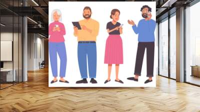 Set of people using gadgets in lifestyle. Business men and women use phones, tablets and laptops Wall mural