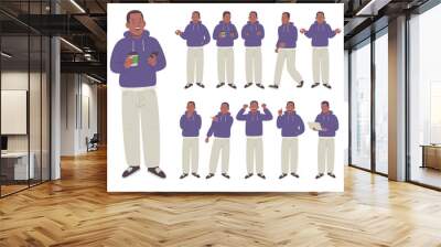 Set of young African American man character in different poses on white background. A happy dark-skinned guy Wall mural