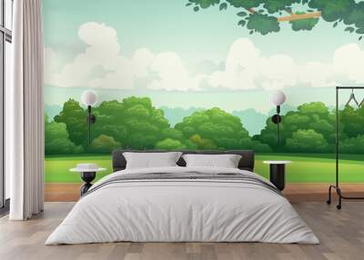 View of the backyard of the house with a clearing and trees. Terrace panorama, garden landscape with flowers Wall mural