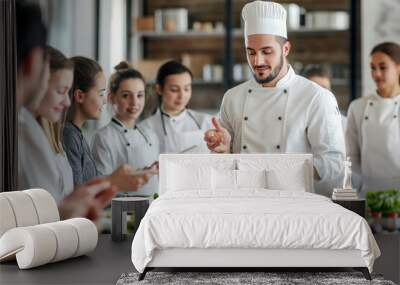 A chef teaching a cooking class, surrounded by students, explaining a technique with ingredients on the table, educational and professional environment. Wall mural