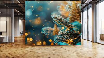 Abstract background with Christmas tree and golden and blue elements, bright accents. Wall mural