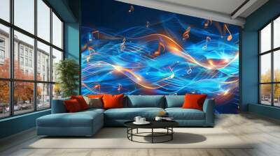 Abstract background with musical notes and abstract blue waves with light effects, dynamic and vibrant. Wall mural