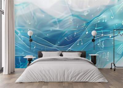 Abstract background with musical notes and smooth abstract waves in blue and white tones, calming and peaceful. Wall mural