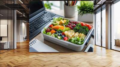 An open lunchbox with a variety of healthy food options, including a salad and fruit, on an office table with a computer and notebook. Wall mural