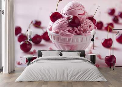 Cherry ice cream served in a white ceramic bowl surrounded by fresh cherries. Wall mural