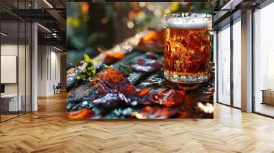 Close-up of beer glass on the old wooden table with autumn leaves nearby. Wall mural