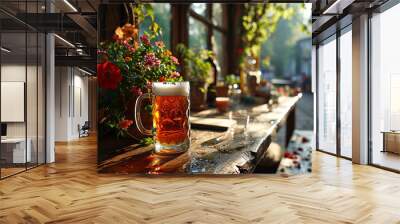 Close-up of beer glass standing on the table of the terrace of a bayern pub. Wall mural