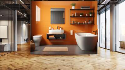 Cozy interior of bathroom in bright orange color in modern house. Wall mural