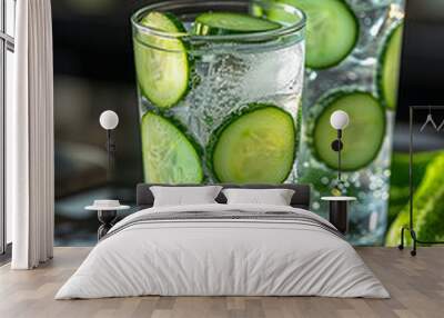 Cucumber Water, served in a glass with sliced cucumbers added. Wall mural