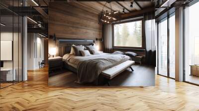 Eco style bedroom interior with bed in modern house. Wall mural