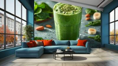 Matcha Smoothie: a nutritious green smoothie with bananas, spinach, almond milk, matcha powder and a sweetener. Wall mural