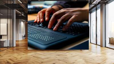 Modern Braille display device connected to a computer, with a visually impaired person using it to read digital text. Wall mural