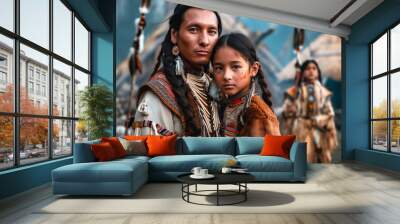 Portrait of Native American family in traditional clothing on background of a traditional Native American village. Wall mural