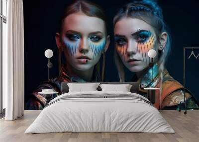 Portrait of two young women in futuristic costumes with makeup. Fashion of future concept. Wall mural