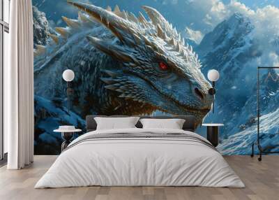 portrauit of white fantasy dragon. beautiful snowy mountains background Wall mural