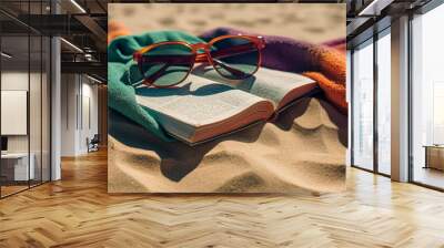 A book, sunglasses, and towel on a sandy beach during a sunny summer day created with Generative AI technology Wall mural