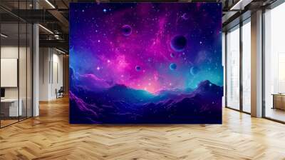 A colorful space scene with multiple planets and stars. Generative AI Wall mural