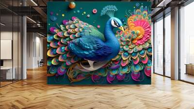 Peacock 3d wallpaper with elegant and colorful feather. Exotic oriental pattern bird wildlife peacocks 3d interior background. Generative AI Wall mural