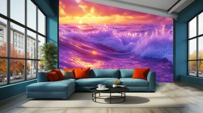 A beautiful ocean with a purple and pink sunset in the background Wall mural