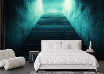 A dark staircase with a blue light shining on it Wall mural