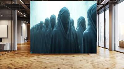 A group of people are standing in a line, all wearing hooded robes Wall mural