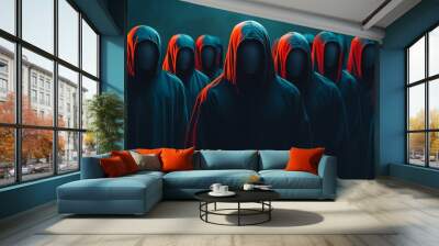 A group of people wearing hoodies and standing in a dark room Wall mural