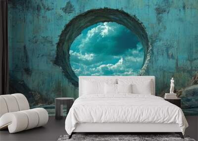 A large hole in a wall with a blue sky in the background Wall mural