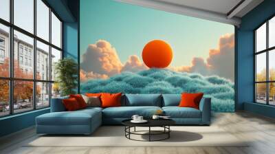 A large orange sun is in the sky above a body of water Wall mural