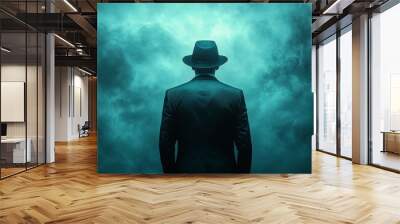 A man in a hat and suit stands in front of a cloudy sky Wall mural