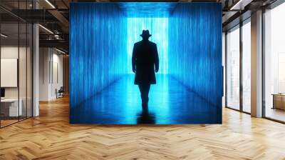 A man in a hat stands in a dark tunnel Wall mural