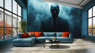 A man in a suit is standing in front of a dark background with a cloud of smoke Wall mural