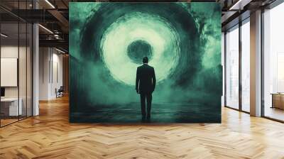 A man is walking through a tunnel with a large hole in the middle Wall mural