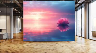 A pink flower is floating on the surface of a calm body of water Wall mural