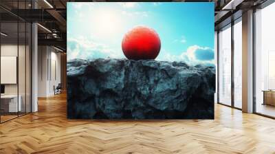 A red ball is sitting on top of a rocky hill Wall mural