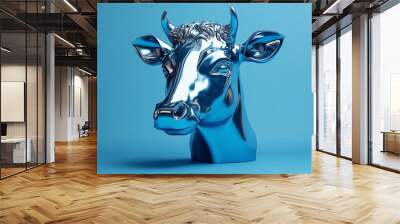 A silver cow head is on a blue background Wall mural