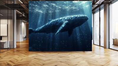 A whale is swimming in the ocean with the sun shining on it Wall mural