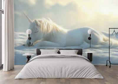 A white unicorn is laying down in the snow Wall mural