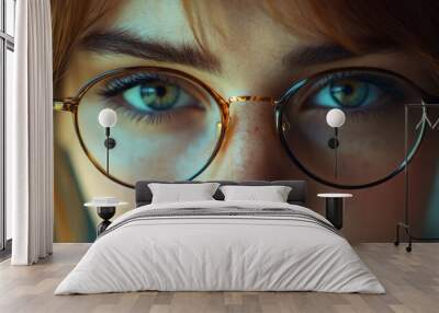 A woman with brown and green eyes is wearing glasses Wall mural