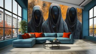 Three people wearing hoods stand in front of a wall Wall mural