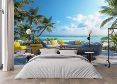 3D rendering of a modern room near the beach with a sky and sea view Wall mural