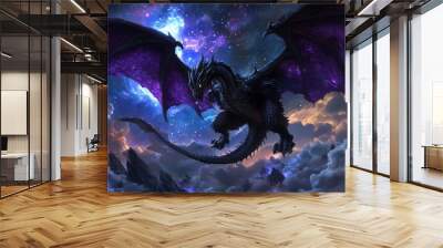 A black dragon with purple wings flies across the night sky Wall mural