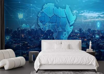 A bright glowing digital business screen interface that displays globe and charts over a dark city background. The screen has a spy, a hud, and a world concept. Wall mural