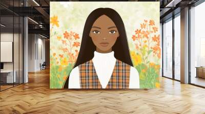 A Chinese minimalism illustration of an African-American woman with straight auburn hair wearing a contemporary boho vest over a fitted turtleneck, flat illustration, a woman from the boho movement Wall mural